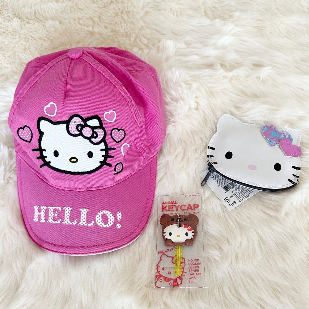 Hello Kitty Bundle - HK Girls Pink Hat, Mini Coin Pouch and Keycap.